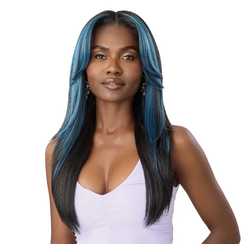Blue and black highlighted long straight wig